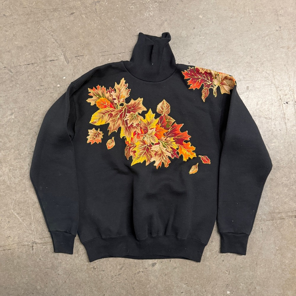 Vintage Lee Mock Neck Sweatshirt Black Autumn Leaves Glitter Graphic Womens‎ L